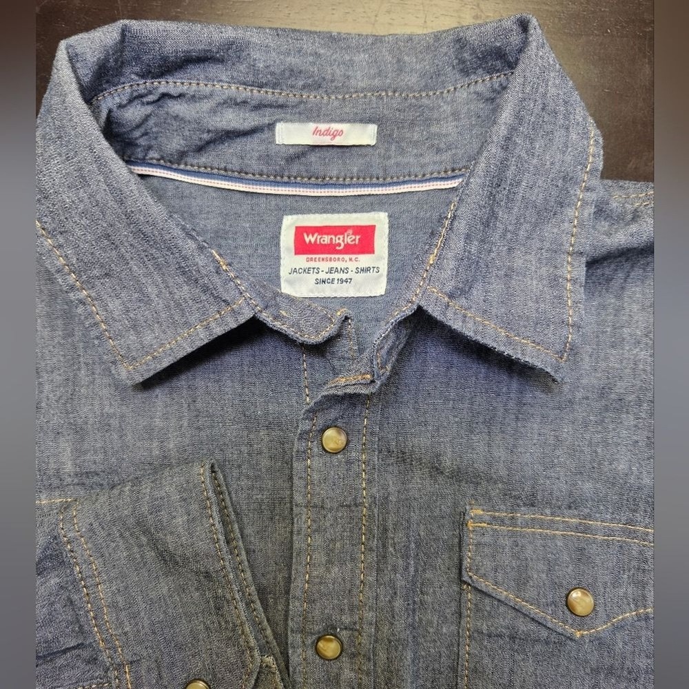Wrangler Indigo Mens Large Blue Denim Pearl Snap Western Long Sleeve Shirt L/G